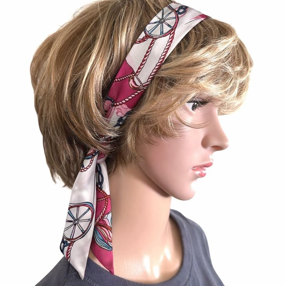 Silk Slim Scarf 35 inch Retro Equestrian Print Deep Pink Hair Bag Neck